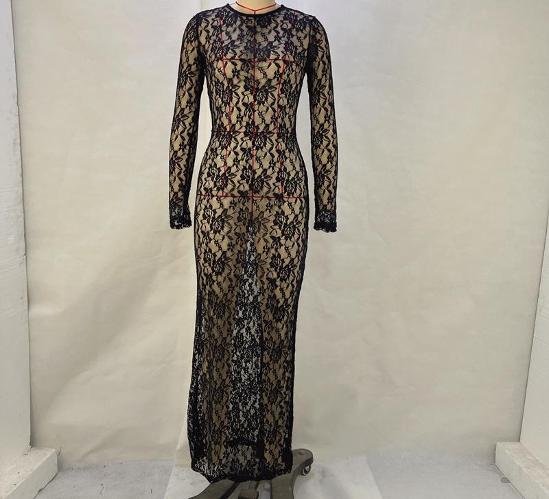 Damen Spitzen-Maxikleid mit raffinierten Details und transparentem Design WW