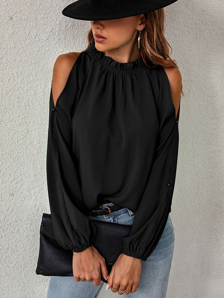 Damen elegante Bluse mit offenem Schulterdesign und Rüschenkragen WW