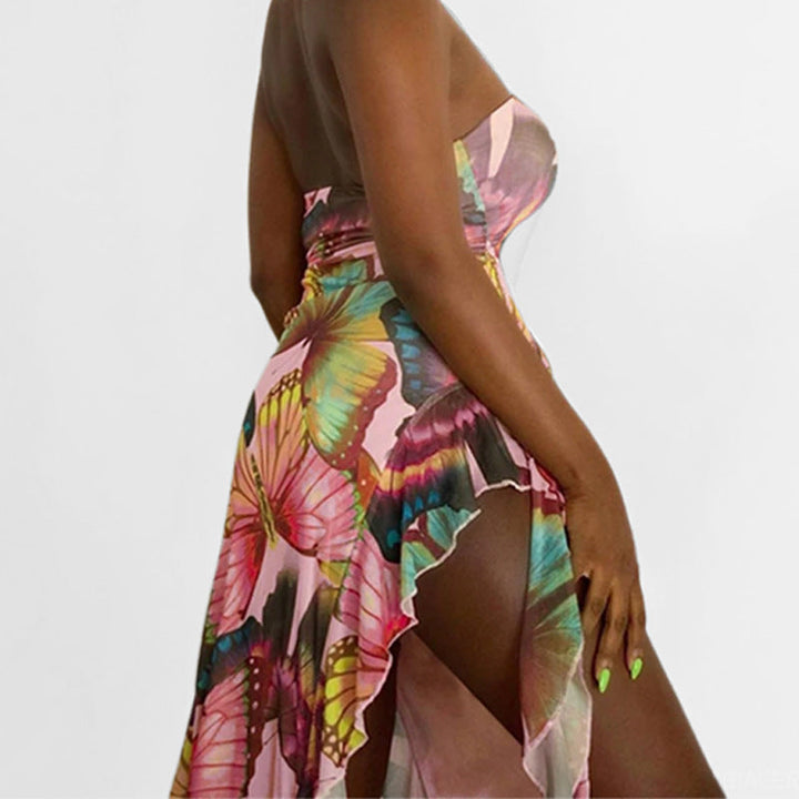 Damen Strandkleid mit asymmetrischem Schnitt und buntem Schmetterlingsdesign W&W Mode