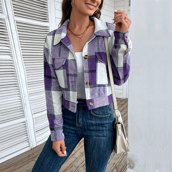Damen cropped Karo-Jacke mit praktischen Taschen und modischen Details W&W Mode