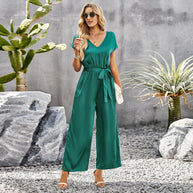 Damen eleganter Jumpsuit mit V-Ausschnitt und Bindegürtel WW