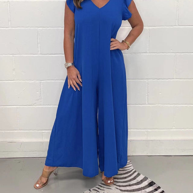 Damen gehobener Jumpsuit mit voluminösen Rüschenärmeln und V-Ausschnitt WW