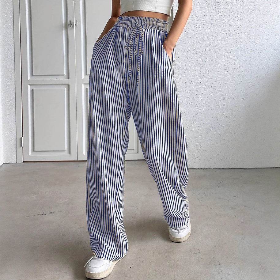Damen weite gestreifte Stoffhose mit elastischem Bund und praktischen Taschen WW