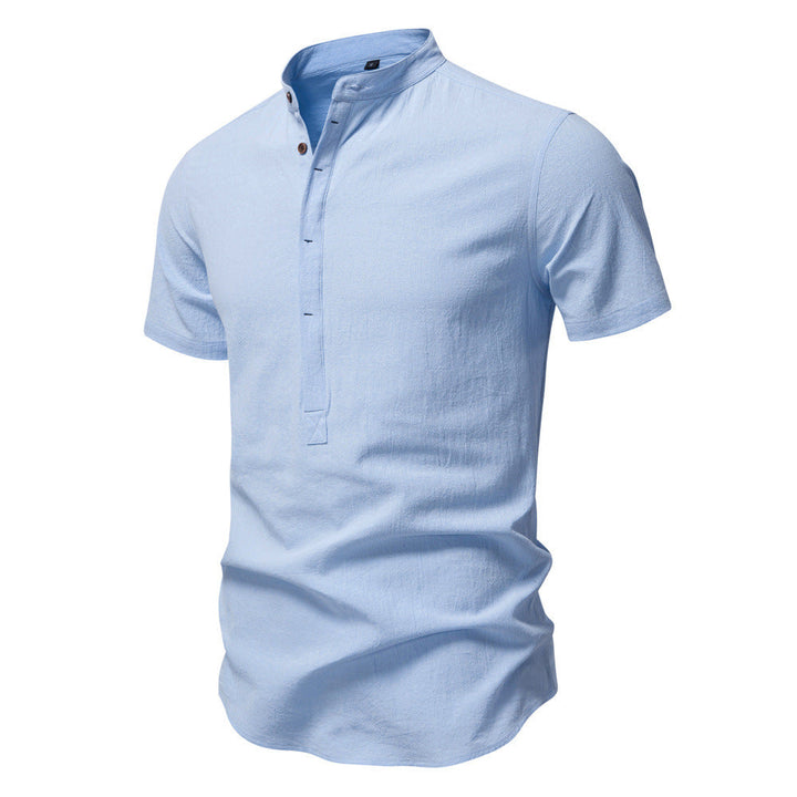 Herren nan lässiges Kurzarmshirt mit Stehkragen, halber Knopfleiste und leicht strukturierter Baumwoll-Leinen-Qualität W&W Mode
