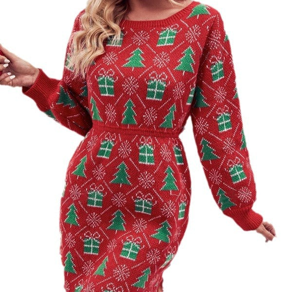 Damen Strickkleid mit festlichem Weihnachtsmotiv und weitem Rundhalsausschnitt WW