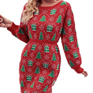 Damen Strickkleid mit festlichem Weihnachtsmotiv und weitem Rundhalsausschnitt WW