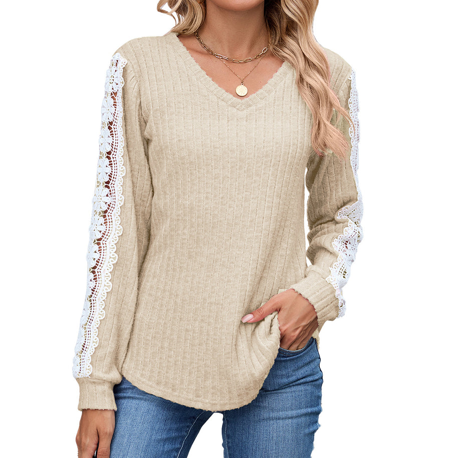 Damen Relaxed Fit V-Ausschnitt Pullover mit Spitzenakzenten WW