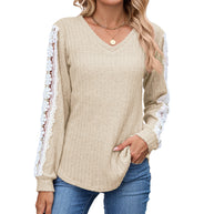 Damen Relaxed Fit V-Ausschnitt Pullover mit Spitzenakzenten WW
