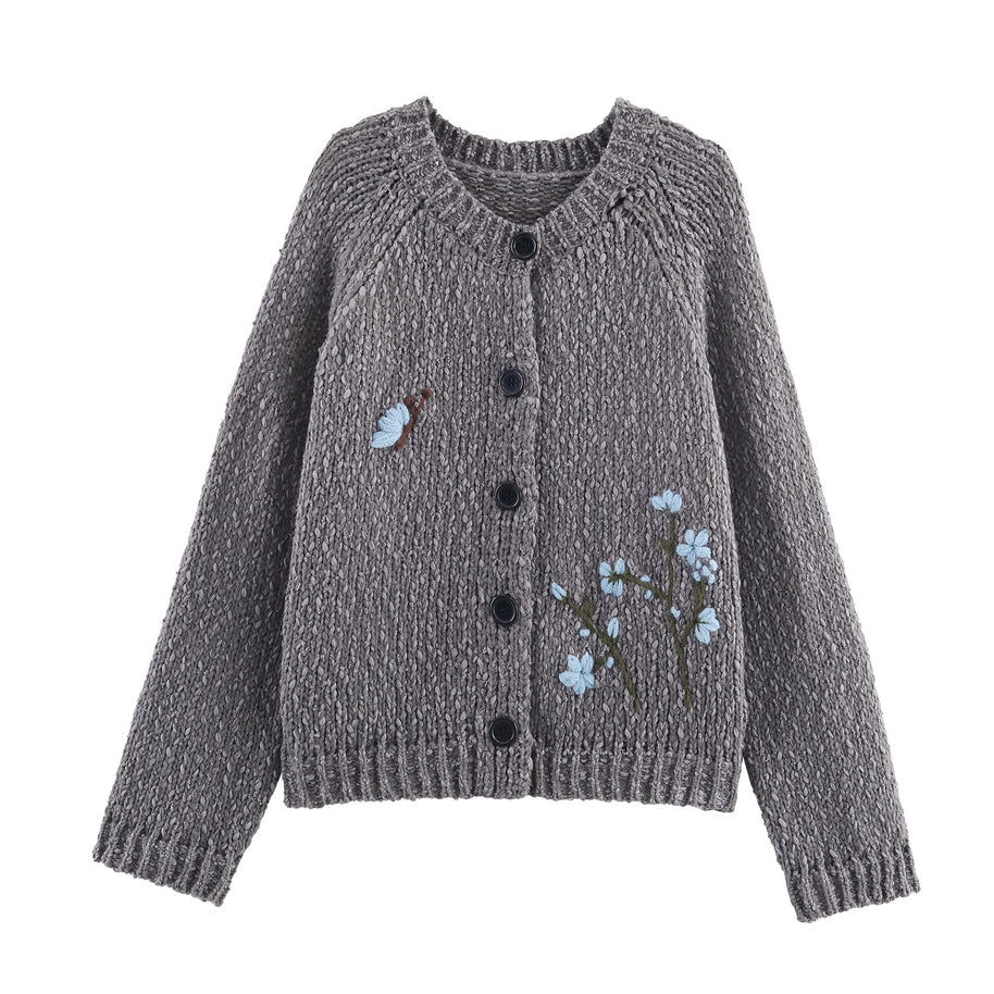 Damen Strickjacke mit floralem Stickmuster und Knopfverschluss WW