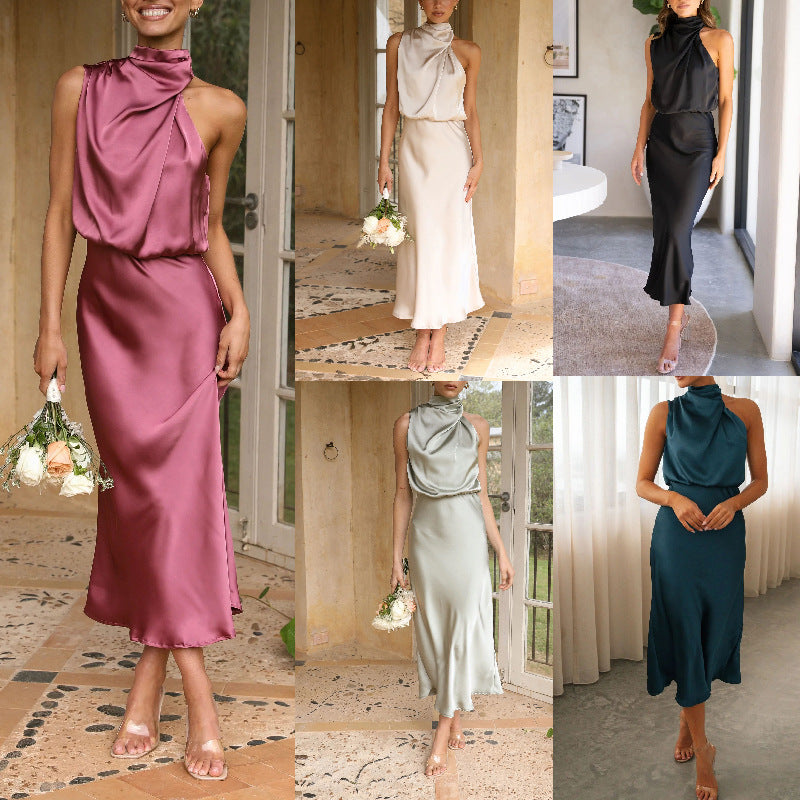 Damen Maxi-Kleid mit asymmetrischem Oberteil und fließendem Satin WW