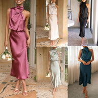 Damen Maxi-Kleid mit asymmetrischem Oberteil und fließendem Satin WW