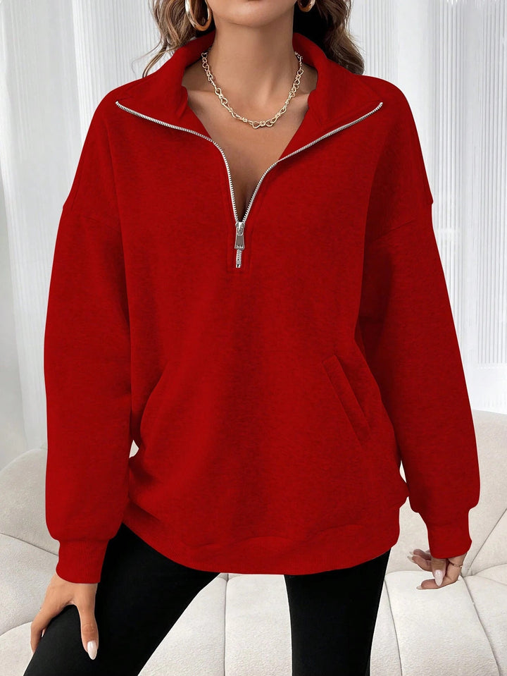 Damen lässiger Sweatpulli mit halbem Reißverschluss und Seitentaschen W&W Mode