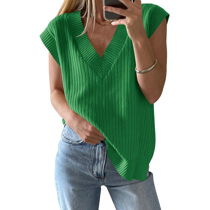 Damen lässiges V-Ausschnitt Oberteil aus Rippstrickmaterial W&W Mode