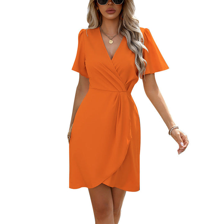 W&W Mode | Taillienverstellbares Ein-Schritt Rock Kurzarm Polyester Kleid