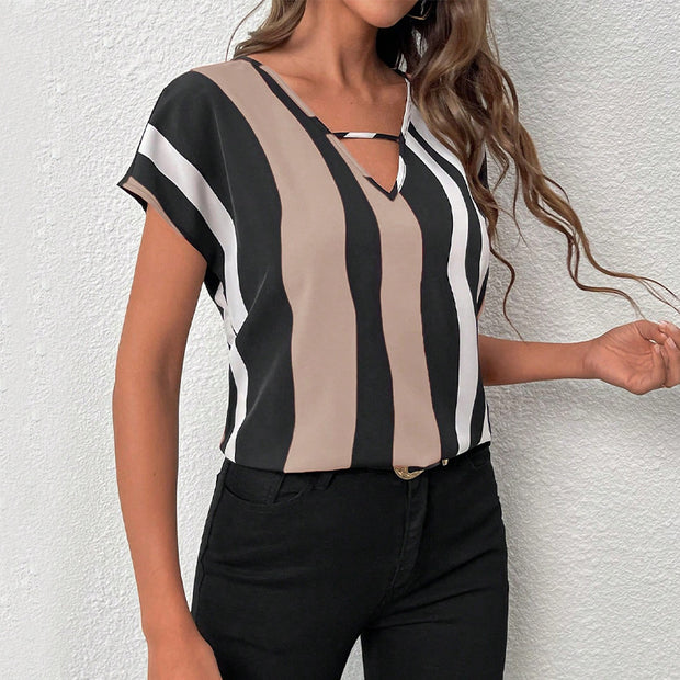 Damen modisches Kurzarmshirt mit V-Ausschnitt und Streifenmuster WW