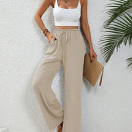 Damen elegante weite Hose aus leichtem Baumwollgemisch mit Gummizug WW