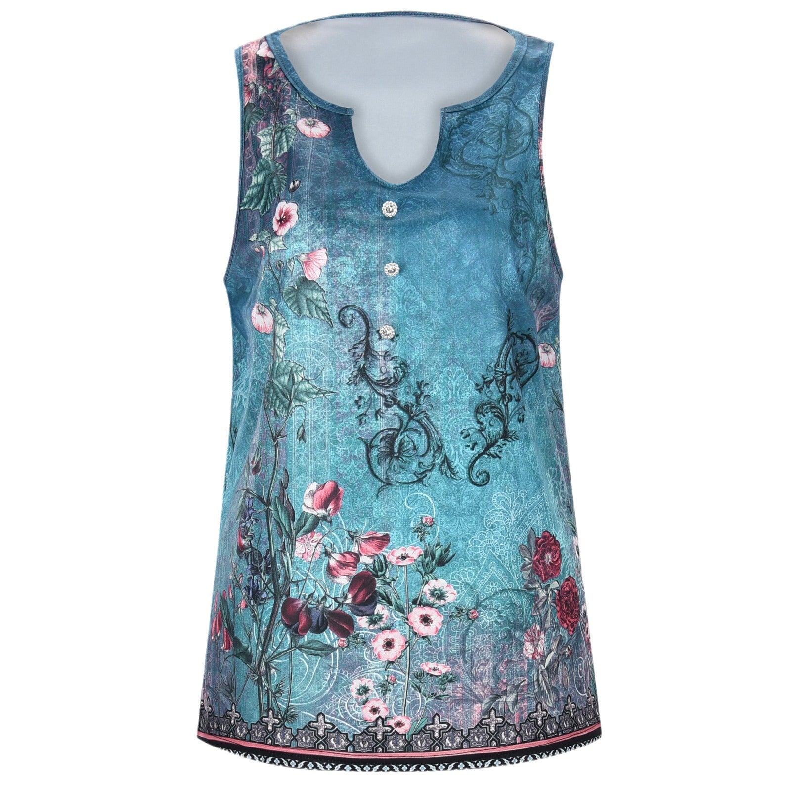 Damen ärmelloses Designoberteil mit floralen Akzenten und Knopfleiste WW