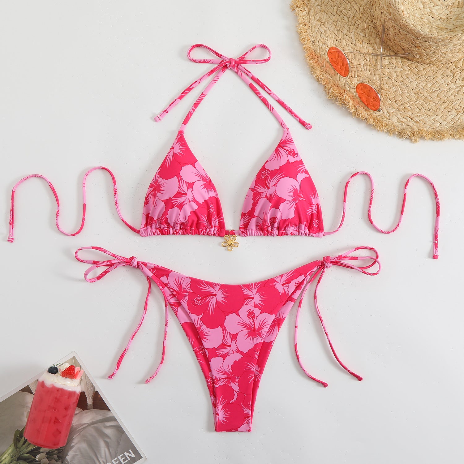 WW | Damen Triangel-Bikini-Set mit verspieltem Blumenmuster und Bindebändern