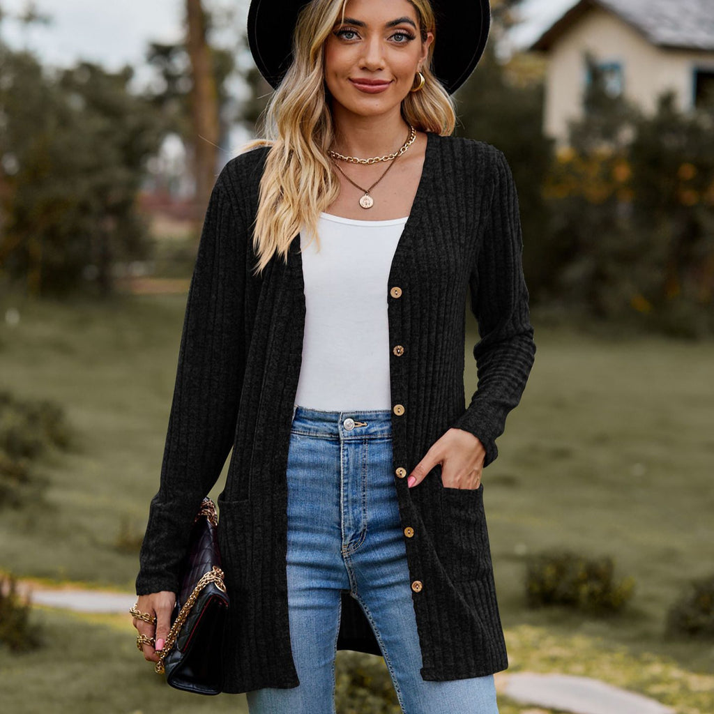 Damen kuschelige Strickjacke mit praktischen Taschen und modischem Rippdesign WW