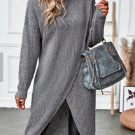 WW Graue asymmetrische Saum Langarm-Cardigan-Kleid