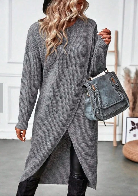 WW Graue asymmetrische Saum Langarm-Cardigan-Kleid