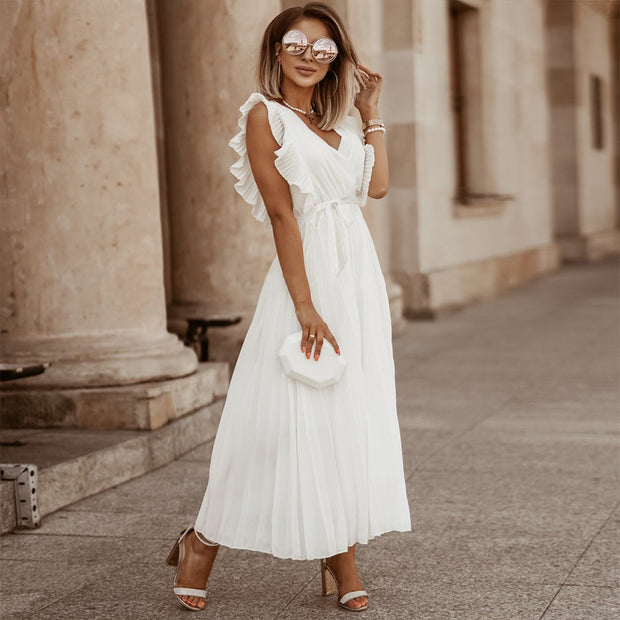 Damen Plissee Maxikleid mit Wickeloptik und taillierbarem Gürtel WW