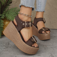Damen Wedge-Sandalen mit atmungsaktivem Obermaterial und robustem Bast-Design WW
