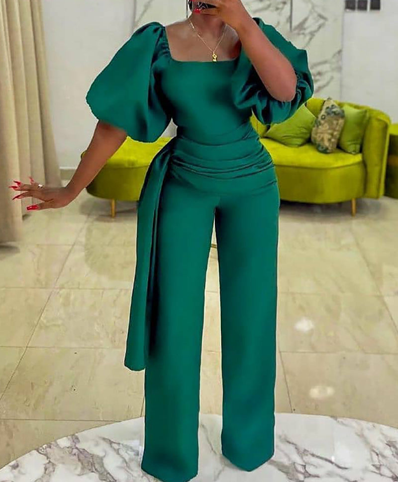 Damen Elegantes Jumpsuit mit Puffärmeln und Taillengürtel WW