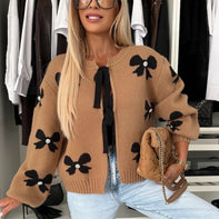 Damen Strickjacke mit dekorativen Schleifen und glänzenden Akzenten WW