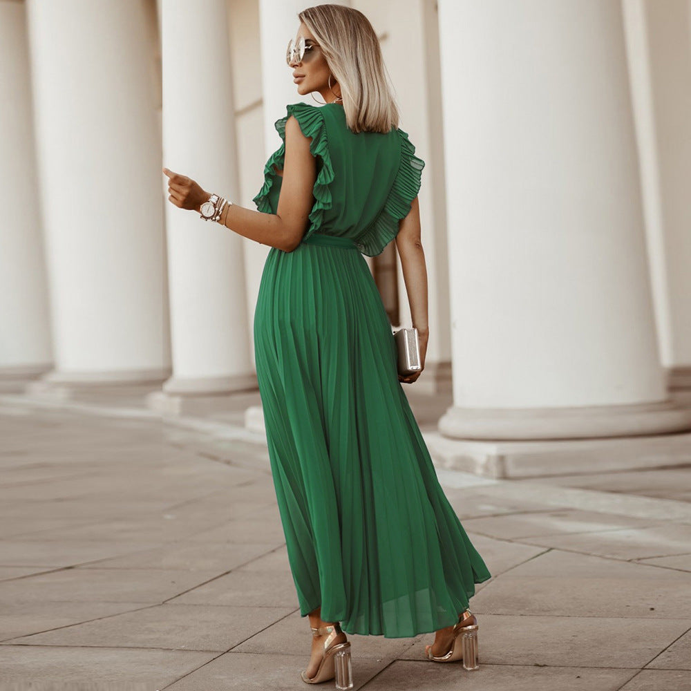Damen Plissee Maxikleid mit Wickeloptik und taillierbarem Gürtel WW