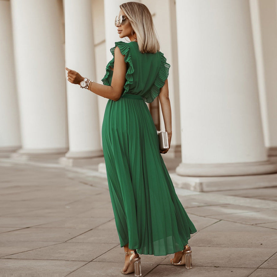 Damen Plissee Maxikleid mit Wickeloptik und taillierbarem Gürtel WW