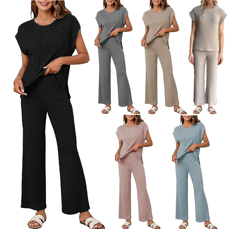Damen Bequemes Strick-Loungewear-Set mit weiten Ärmeln und lockerer Passform WW
