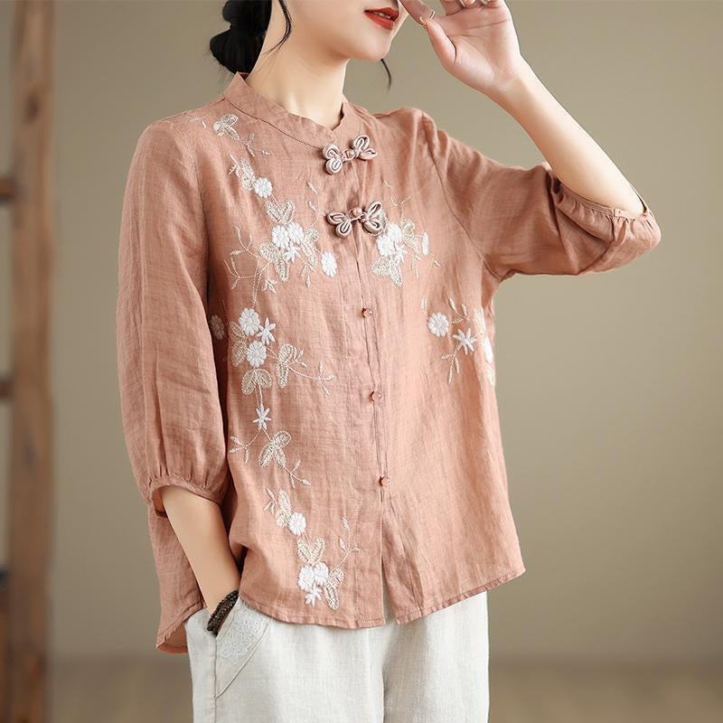 Damen Bestickte Bluse mit halben Ärmeln und Mandarin-Kragen WW
