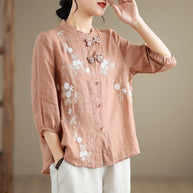 Damen Bestickte Bluse mit halben Ärmeln und Mandarin-Kragen WW