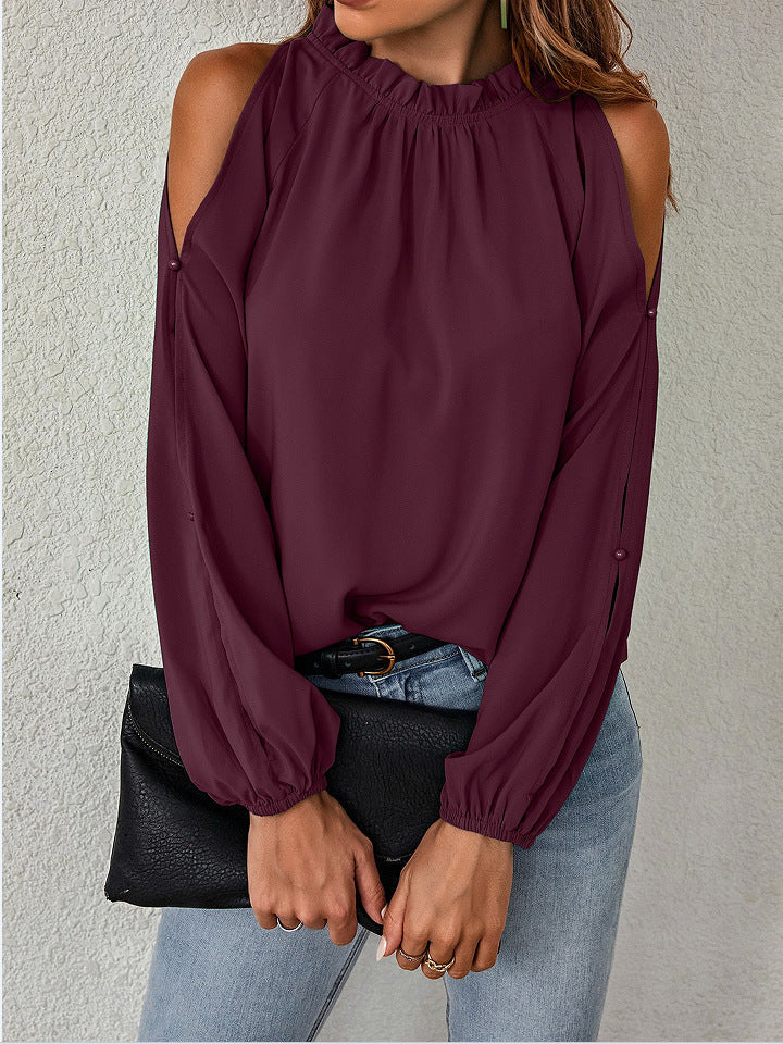 Damen schickes Oberteil mit schulterfreien Einsätzen und eleganten Rüschendetails WW