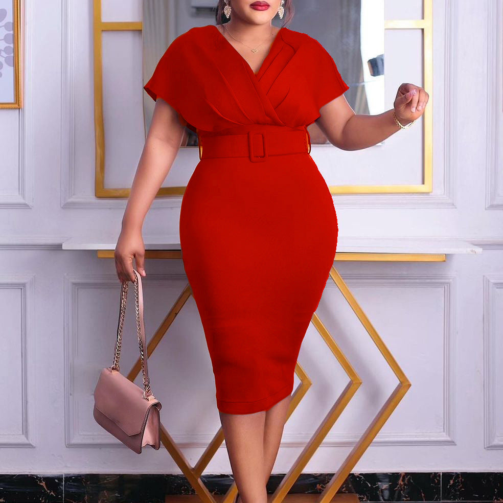 WW | Damen V-Ausschnitt Figurbetontes Midi Kleid mit Gürtel