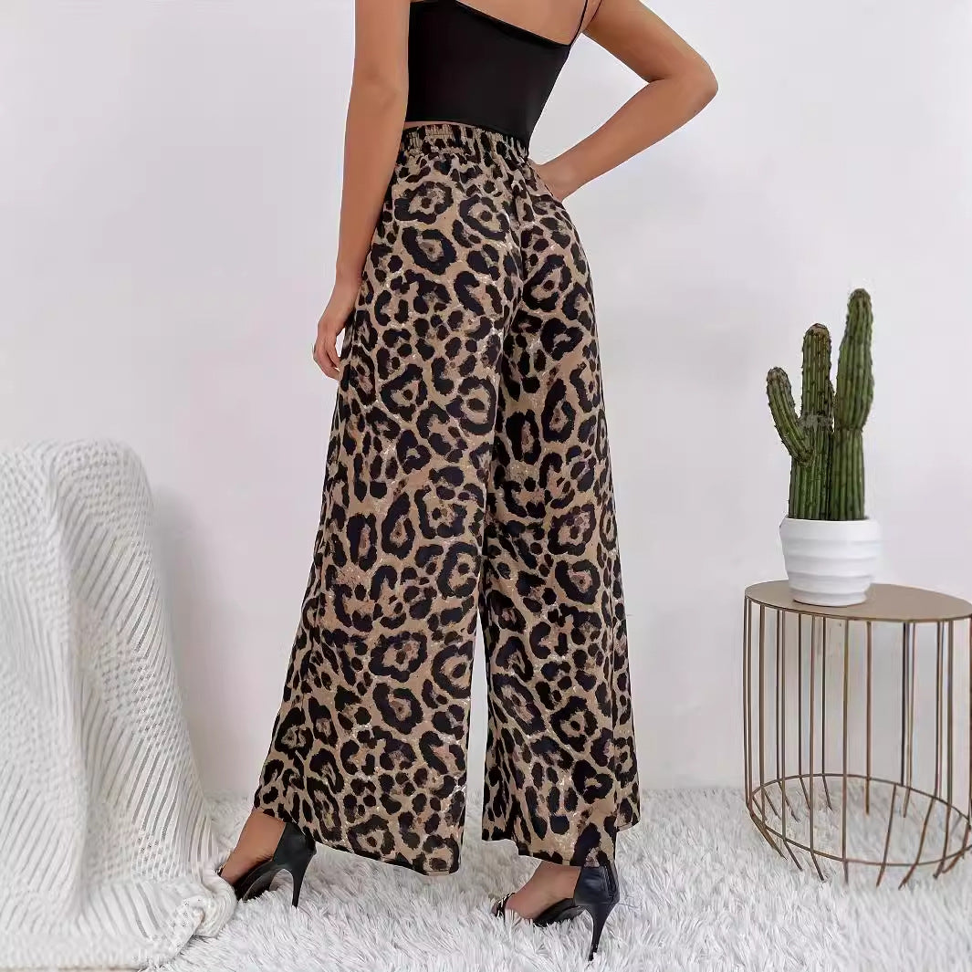 Damen Weite Leopard-Hosen aus fließendem Material mit elastischem Bund WW