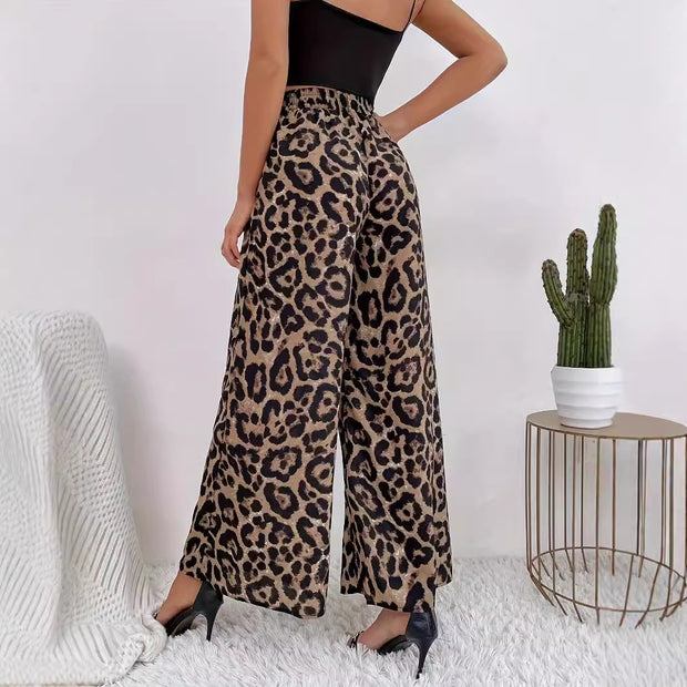 Damen Weite Leopard-Hosen aus fließendem Material mit elastischem Bund WW