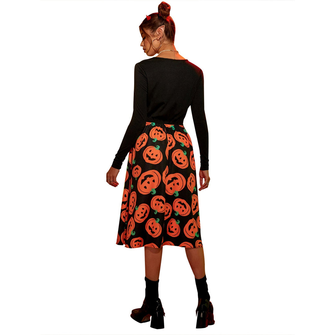 Damen Midikleid mit langen Ärmeln und Halloween-Motiv W&W Mode