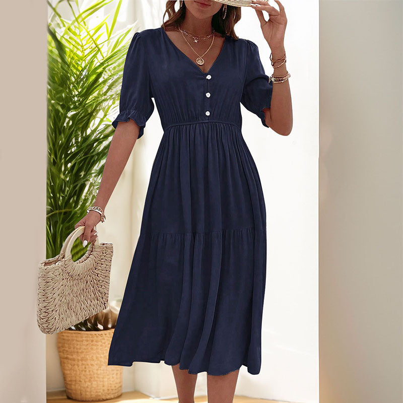 Damen Midi-Kleid mit knöpfbarem V-Ausschnitt und luftigen Puffärmeln W&W Mode