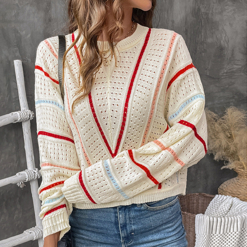 Damen Strickpullover mit modernem Lochmuster und dekorativen Streifen WW