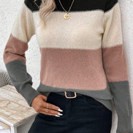 Damen Rundhals Strickpullover mit modernen Farbkombinationen WW