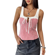 Damen modisches Top mit kariertem Muster und raffiniertem Bindeband WW