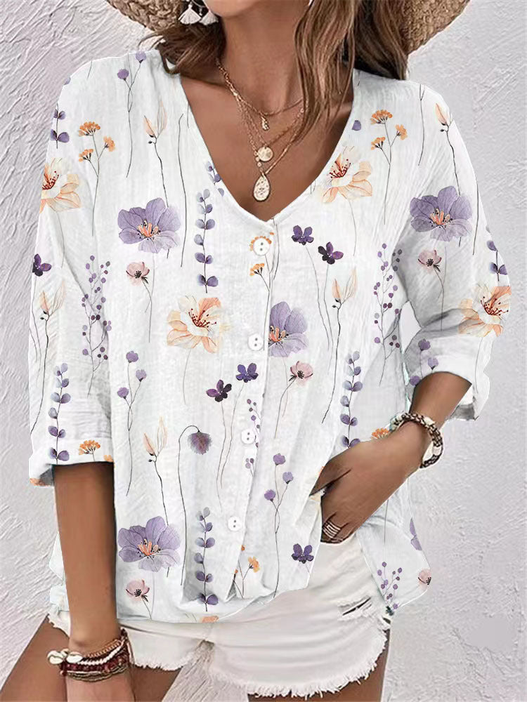 Damen lässige Bluse mit floralem Design und modernen Knopfdetails WW