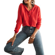 Damen cropped Kapuzenpullover mit strukturiertem Stoff und dekorativen Knöpfen WW