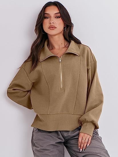 Damen Sportlicher Pullover mit Stehkragen und halbem Reißverschluss WW