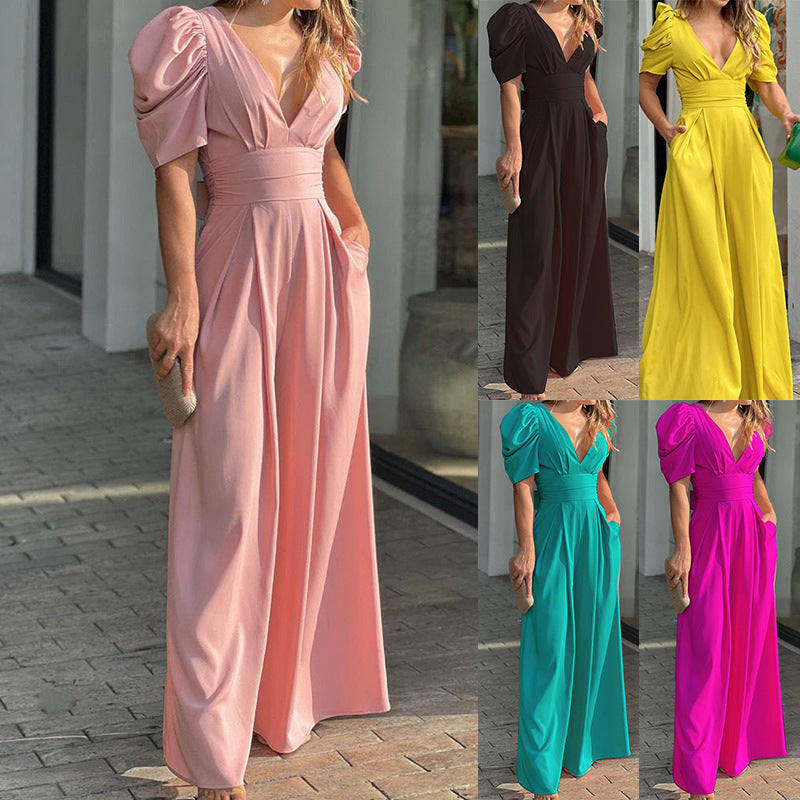 Damen Puffärmel Jumpsuit mit tiefem V-Ausschnitt und weiten Beinen WW