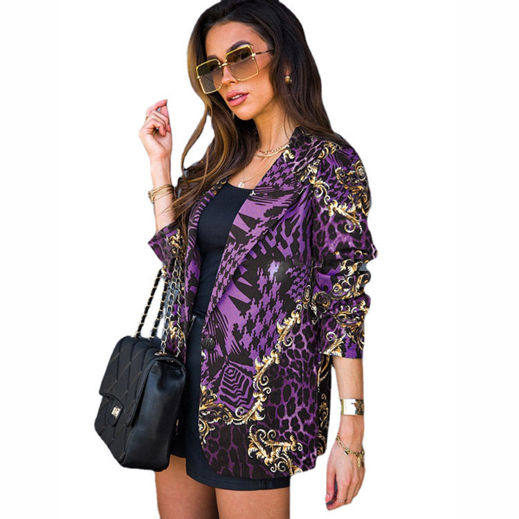 Damen Eleganter Blazer mit glänzendem Leoparden-Design und goldenen Akzenten WW
