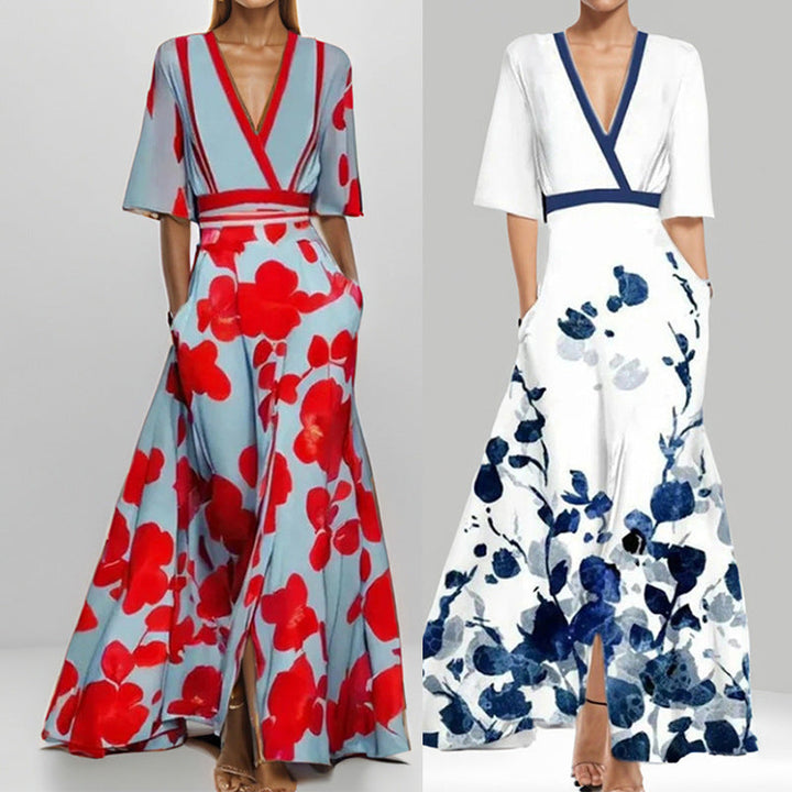 W&W Mode | Elegantes V-Ausschnitt bedrucktes Taillenkleid mit Schößchen
