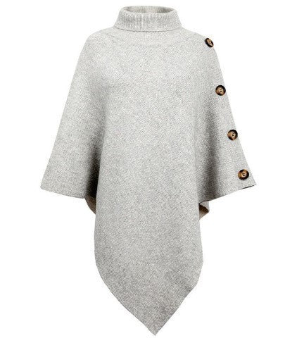 Damen Strick-Poncho mit steigendem Kragen und dekorativen Knopfdetails WW